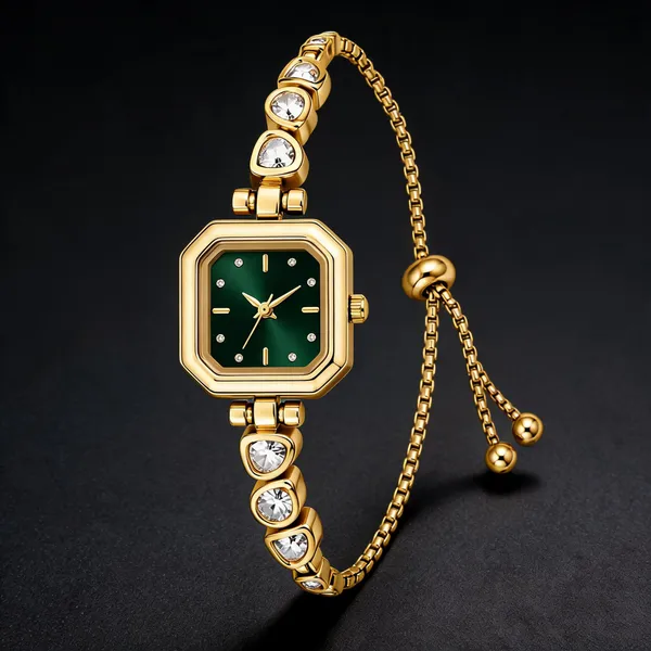 Gold_Plated_Stainless_Steel_Green_Dial_Bracelet_Watch_For_Women