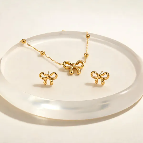 Gold_Plated_Stainless_Steel_Bow_Pendant_Necklace_Earrings_Set_For_Women
