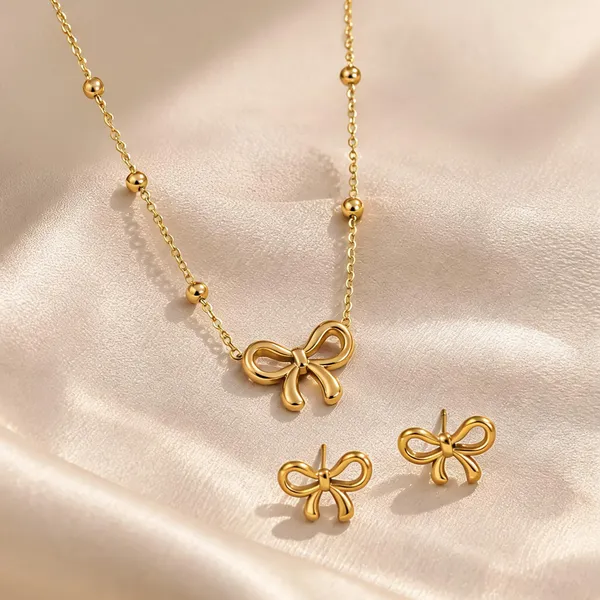 Gold_Plated_Stainless_Steel_Bow_Pendant_Necklace_Earrings_Set_For_Women