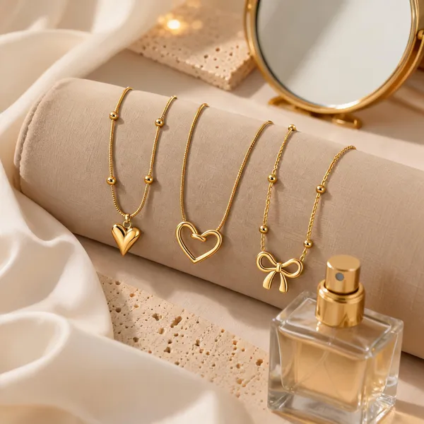 Gold_Tone_Stainless_Steel_Heart_Bow_Pendant_Necklace_Set_For_Women
