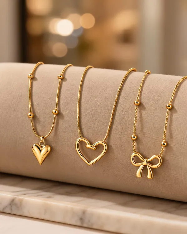 Gold_Tone_Stainless_Steel_Heart_Bow_Pendant_Necklace_Set_For_Women