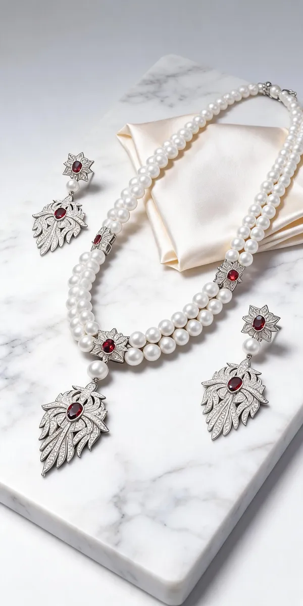 White_Pearl_Brass_Floral_Stone_Necklace_And_Earrings_Set_For_Women
