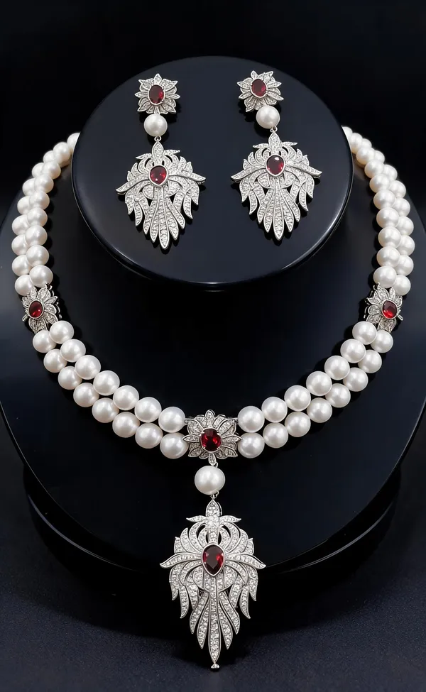 White_Pearl_Brass_Floral_Stone_Necklace_And_Earrings_Set_For_Women