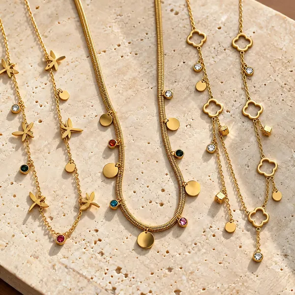 Gold_Plated_Stainless_Steel_Butterfly_Clover_Layered_Necklace_Set_For_Women