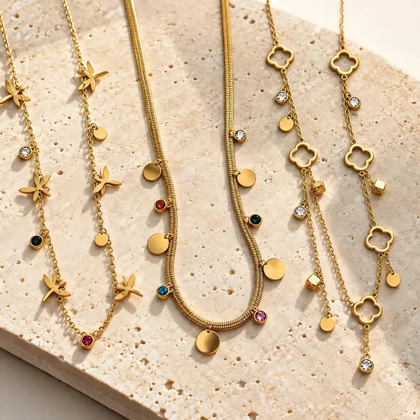 Gold_Plated_Stainless_Steel_Butterfly_Clover_Layered_Necklace_Set_For_Women