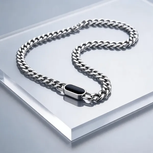 Silver_925_Black_Oval_Pendant_Link_Chain_Necklace_For_Women