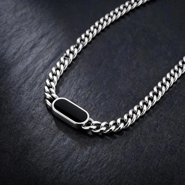 Silver_925_Black_Oval_Pendant_Link_Chain_Necklace_For_Women