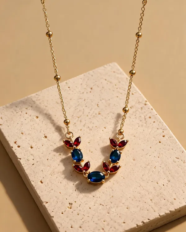 Gold_Plated_Blue_Red_Stone_Floral_Pendant_Necklace_For_Women