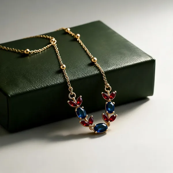 Gold_Plated_Blue_Red_Stone_Floral_Pendant_Necklace_For_Women