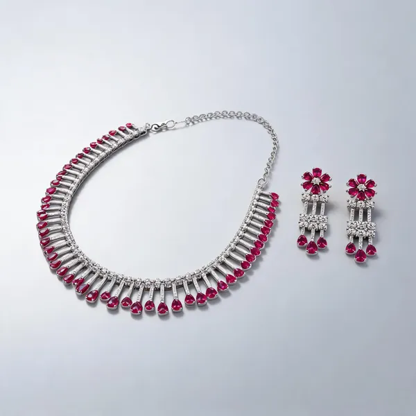 Silver_Tone_Pink_Stone_Necklace_And_Earrings_Set_For_Women