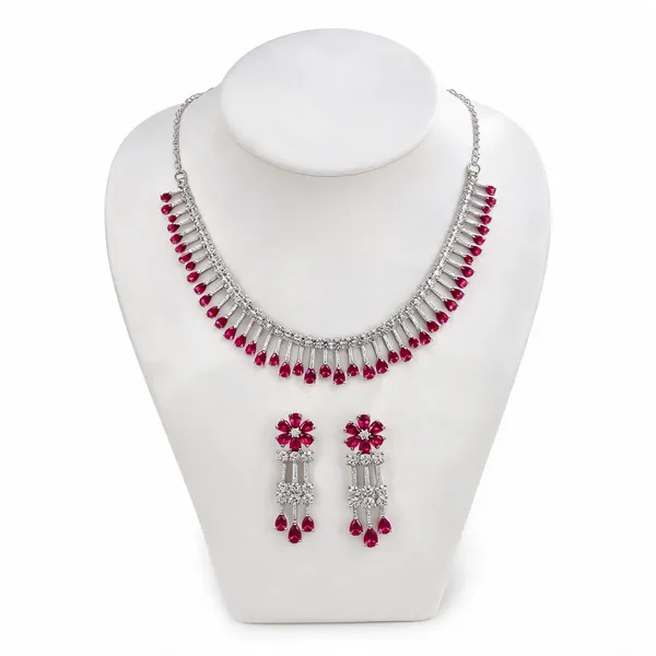 Silver_Tone_Pink_Stone_Necklace_And_Earrings_Set_For_Women