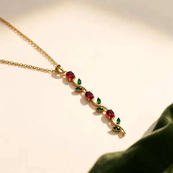 Gold_Plated_Stainless_Steel_Red_Green_Stone_Botanical_Pendant_Necklace_For_Women