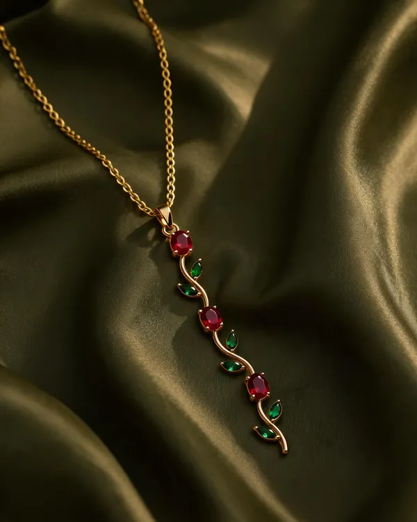 Gold_Plated_Stainless_Steel_Red_Green_Stone_Botanical_Pendant_Necklace_For_Women