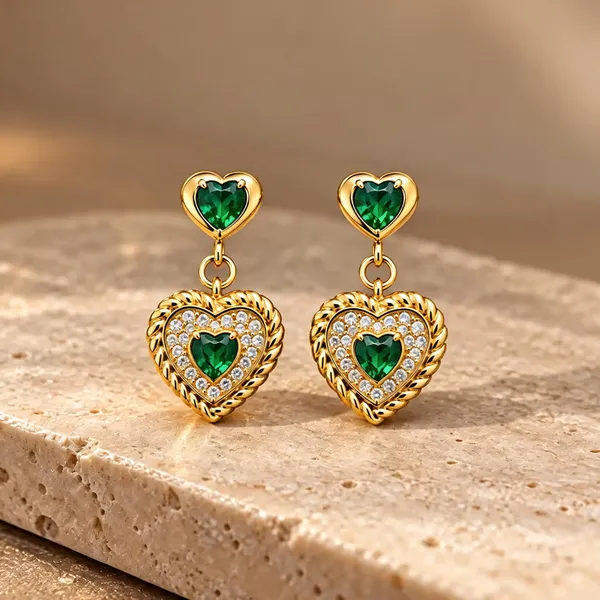 Gold_Plated_Stainless_Steel_Green_Crystal_Heart_Drop_Earrings_For_Women