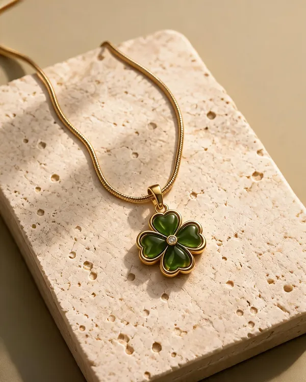 Gold_Plated_Stainless_Steel_Green_Clover_Pendant_Necklace_For_Women