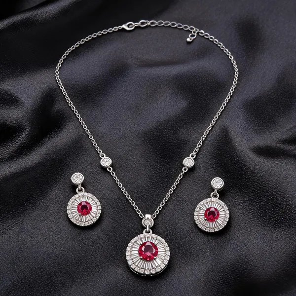 Silver_Tone_925_Red_Stone_Pendant_And_Earrings_Set_For_Women