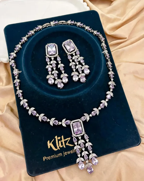 Silver_Tone_Brass_Lavender_Stone_Necklace_And_Earrings_Set_For_Women