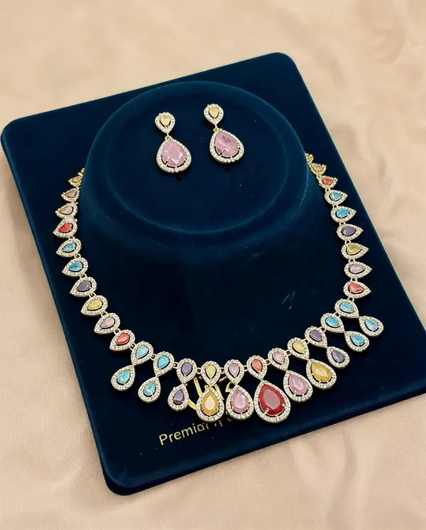 Brass_Gold_Tone_Multicolor_Stone_Teardrop_Necklace_And_Earrings_Set_For_Women