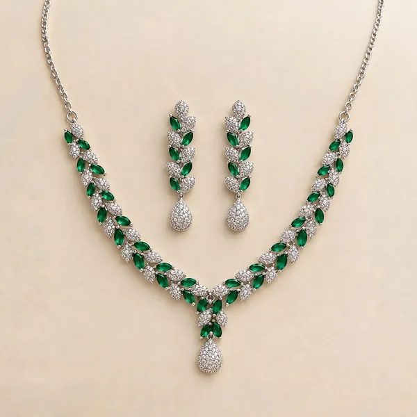 Silver_Tone_Green_Crystal_Necklace_And_Earrings_Set_For_Women