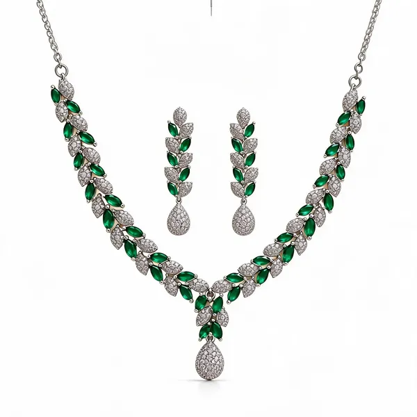 Silver_Tone_Green_Crystal_Necklace_And_Earrings_Set_For_Women