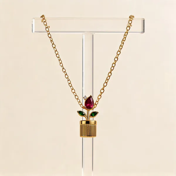 Gold_Plated_Floral_Pot_Charm_Pendant_Necklace_For_Women