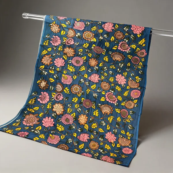 Blue_Pen_Kalamkari_Silk_Floral_Fabric