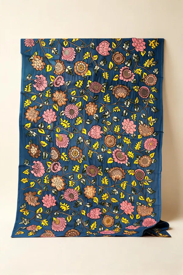 Blue_Pen_Kalamkari_Silk_Floral_Fabric
