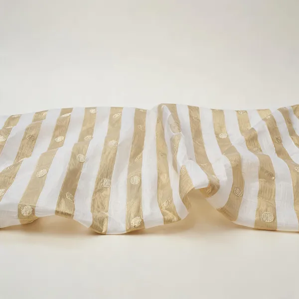 White_Beige_Sheer_Striped_Banarasi_Tissue_Dyeable_Fabric