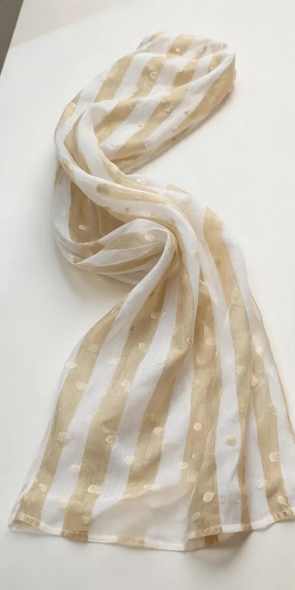White_Beige_Sheer_Striped_Banarasi_Tissue_Dyeable_Fabric