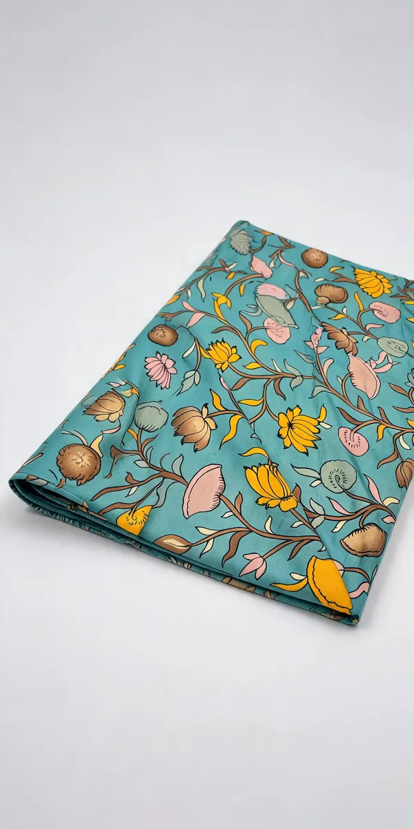 Turquoise_Pen_Kalamkari_Silk_Floral_Natural_Colour_Fabric