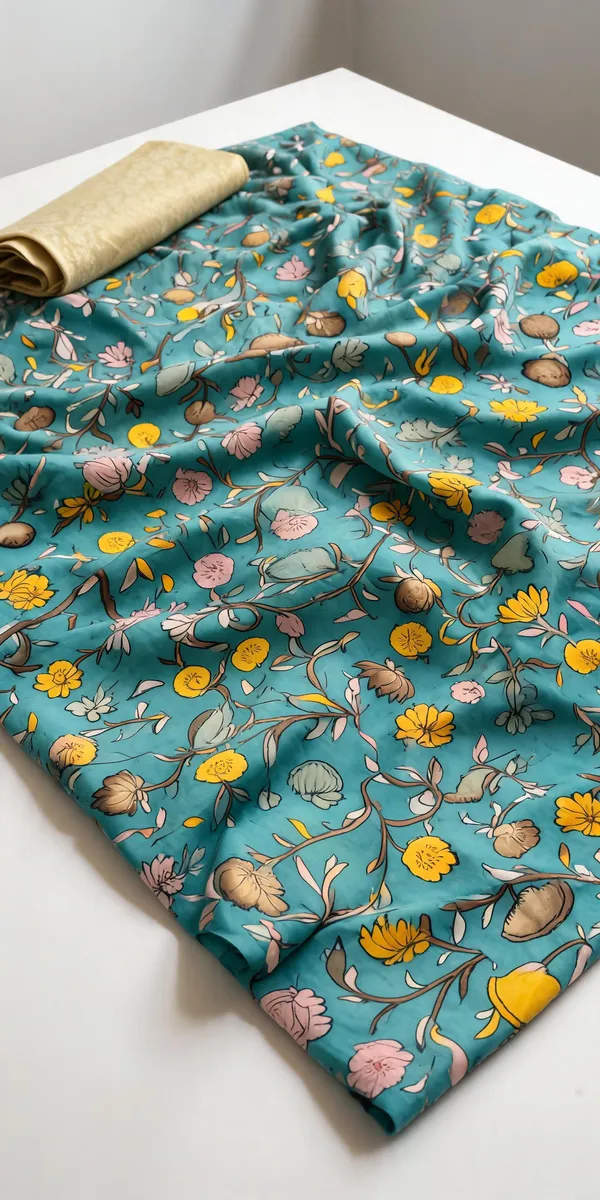 Turquoise_Pen_Kalamkari_Silk_Floral_Natural_Colour_Fabric