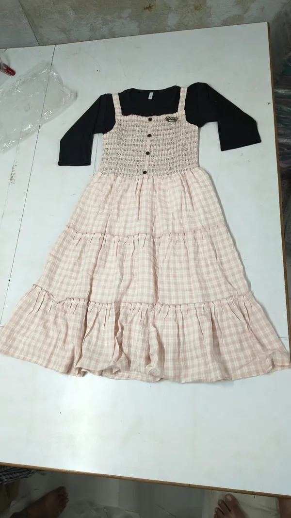 Beige_Black_Cotton_Checked_Smocked_Dress_For_Women