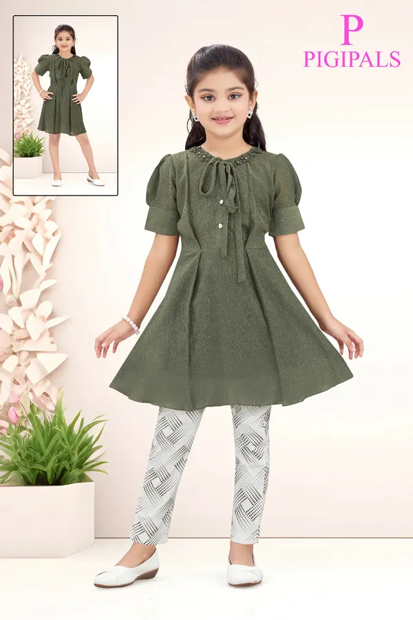 Olive_Green_Polyester_Silk_Flared_Dress_And_Leggings_Set_For_Girls
