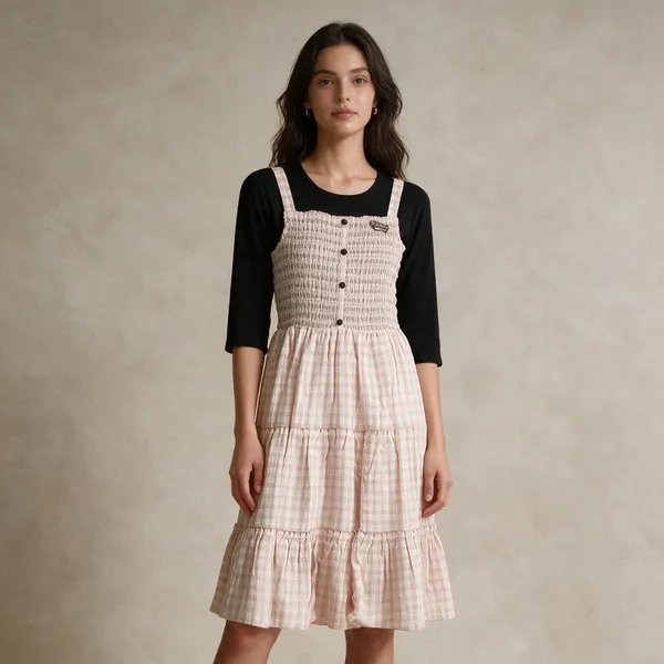 Beige_Black_Cotton_Checked_Smocked_Dress_For_Women