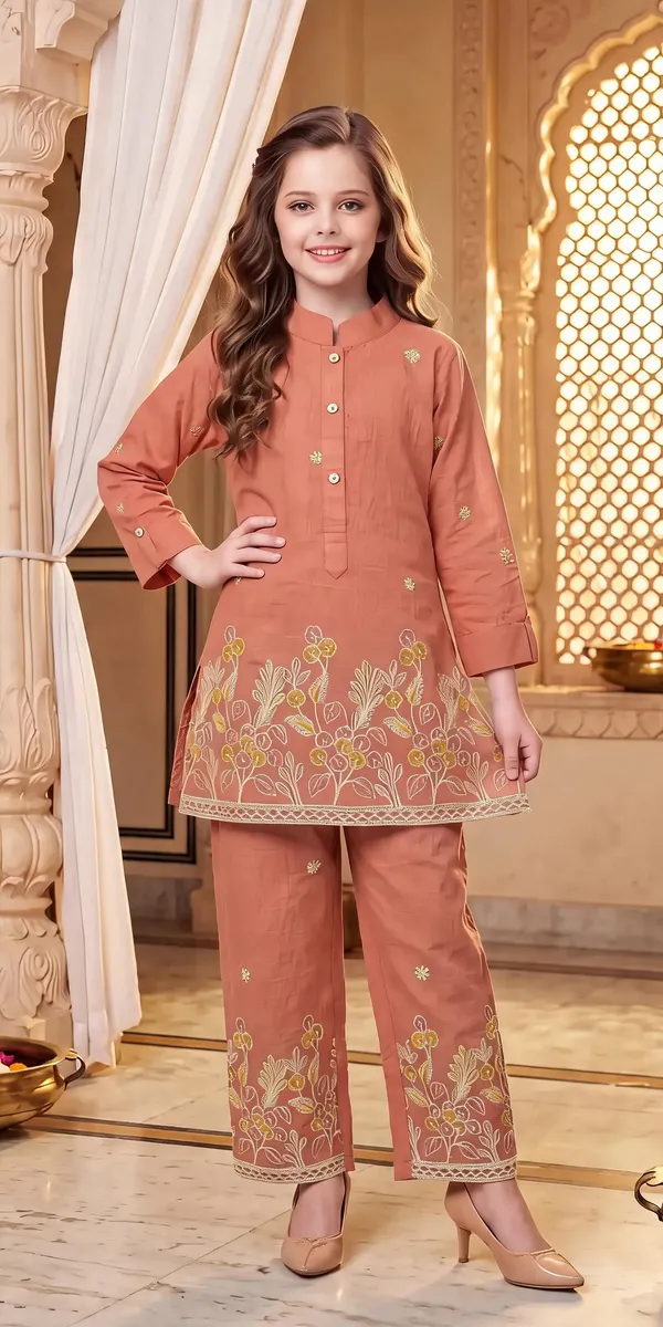 Peach_Cotton_Embroidered_Kurta_Pant_Set_For_Girls