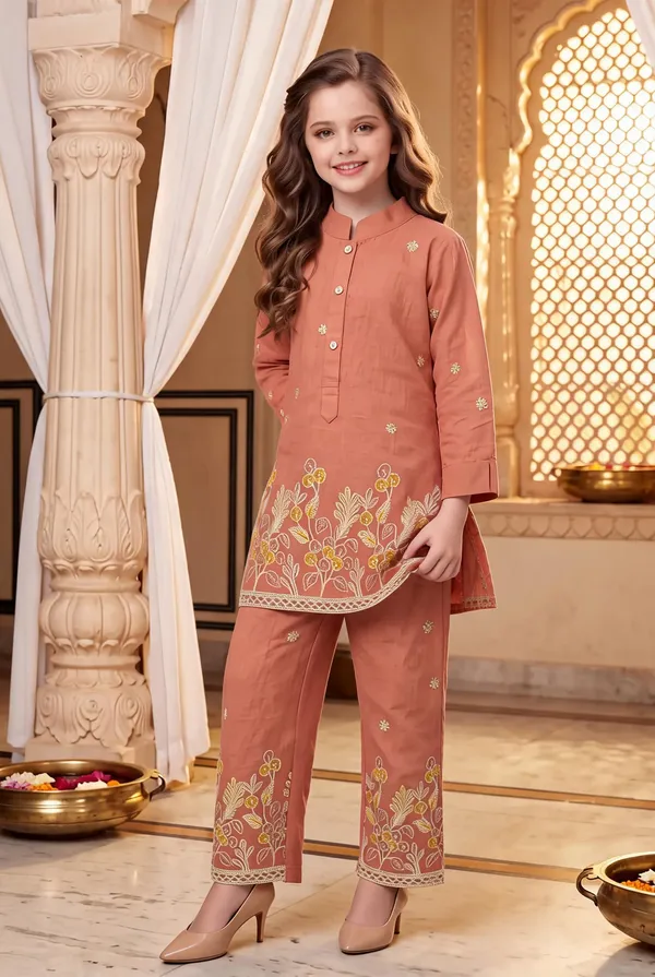 Peach_Cotton_Embroidered_Kurta_Pant_Set_For_Girls