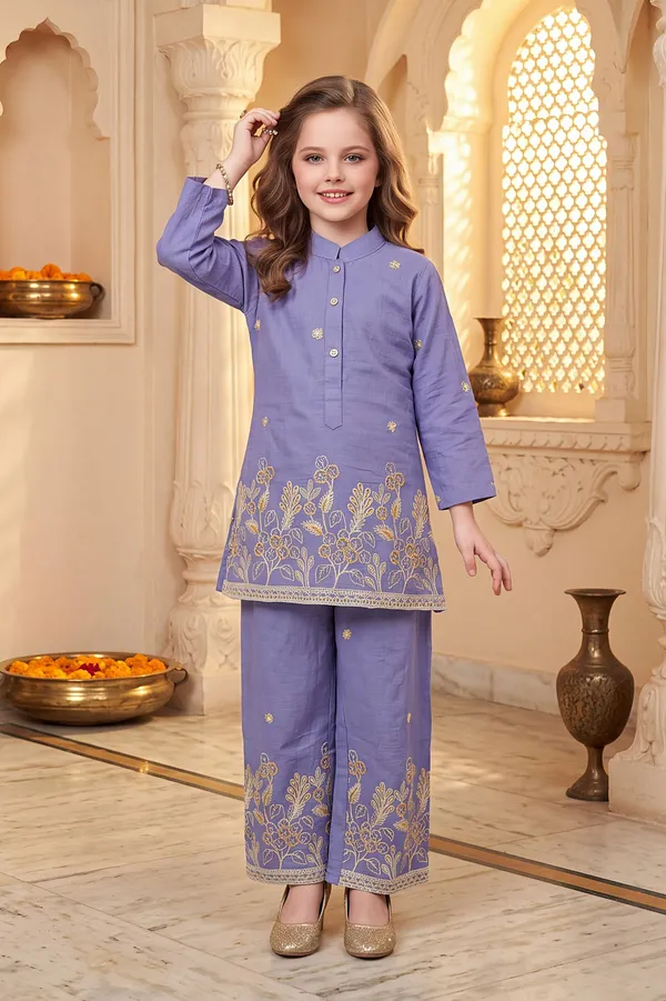Purple_Cotton_Embroidered_Kurta_Pant_Set_For_Girls