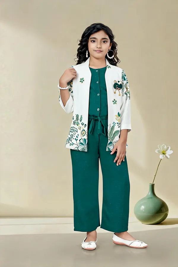 Teal_Georgette_Sleeveless_Jumpsuit_And_Shrug_Set_For_Girls