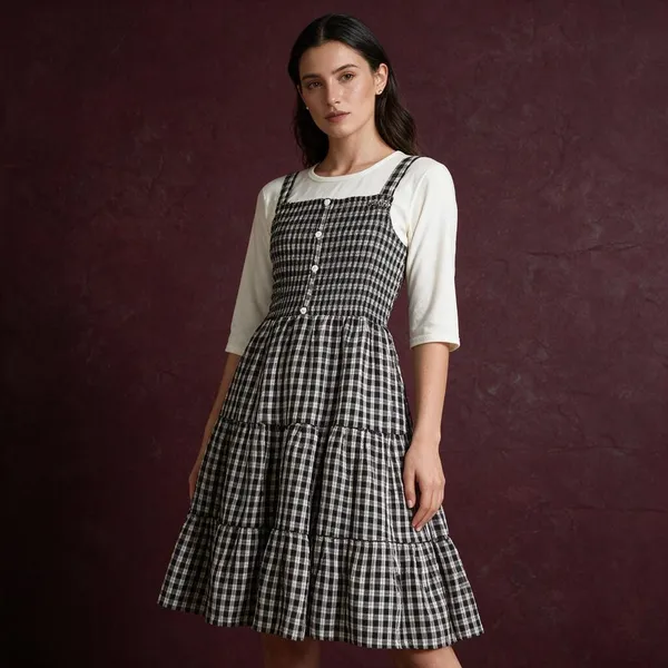 Black_Cotton_Checkered_Tiered_Dress_Set_For_Women