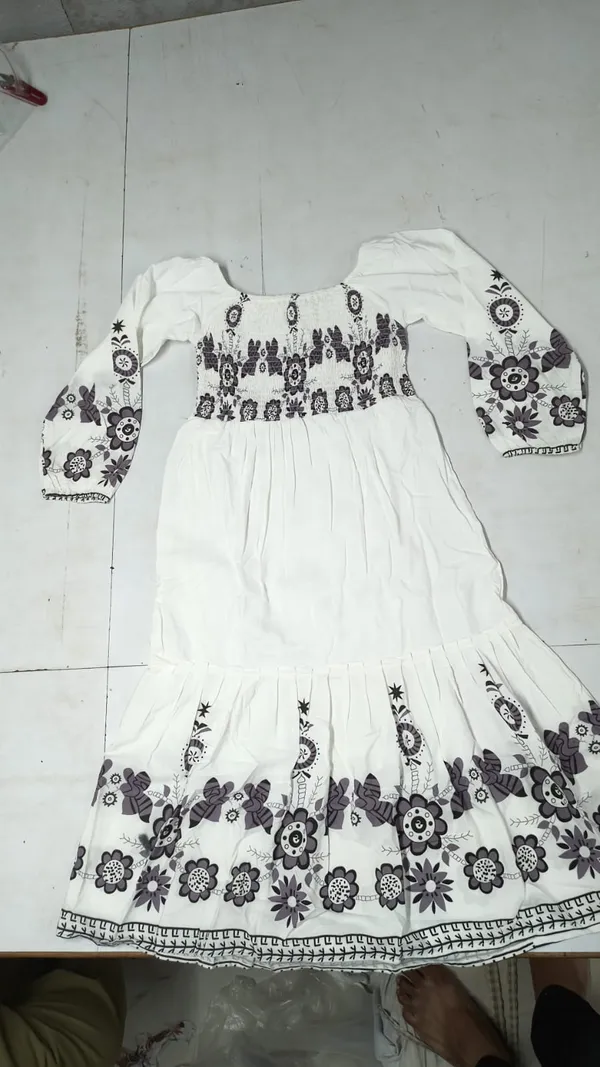 White_Georgette_Printed_Long_Sleeve_Dress_For_Women