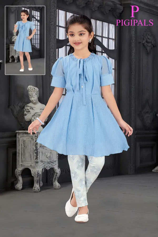 Blue_Polyester_Silk_Flared_Dress_And_Leggings_Set_For_Girls
