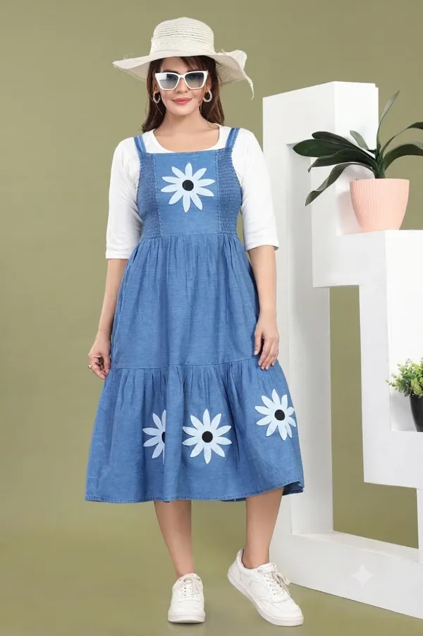 Blue_Denim_Floral_Print_Layered_Midi_Dress_For_Women