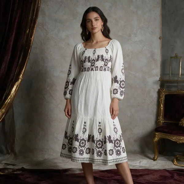 White_Georgette_Printed_Long_Sleeve_Dress_For_Women