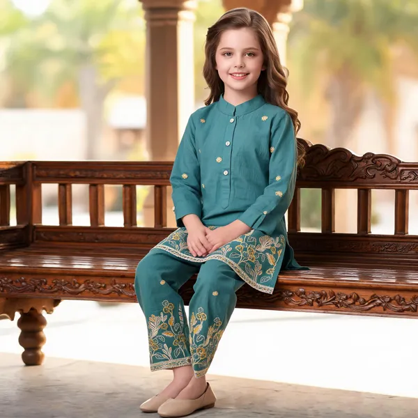 Teal_Cotton_Floral_Kurta_Set_For_Girls