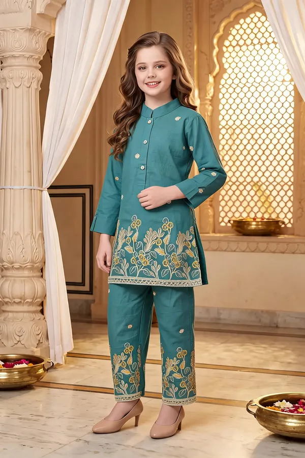Teal_Cotton_Floral_Kurta_Set_For_Girls