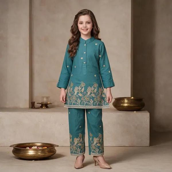 Teal_Cotton_Floral_Kurta_Set_For_Girls