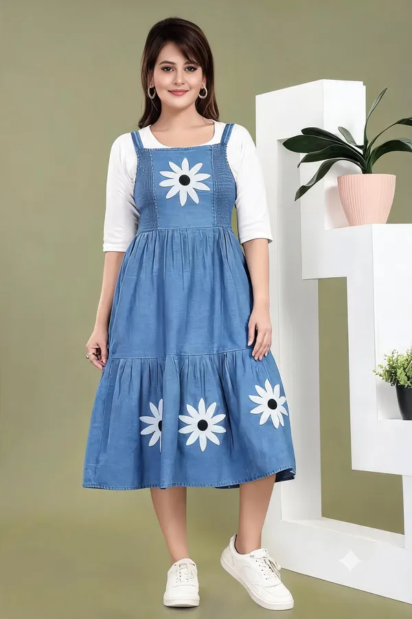Blue_Denim_Floral_Print_Layered_Midi_Dress_For_Women