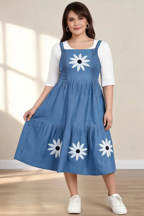 Blue_Denim_Floral_Print_Layered_Midi_Dress_For_Women