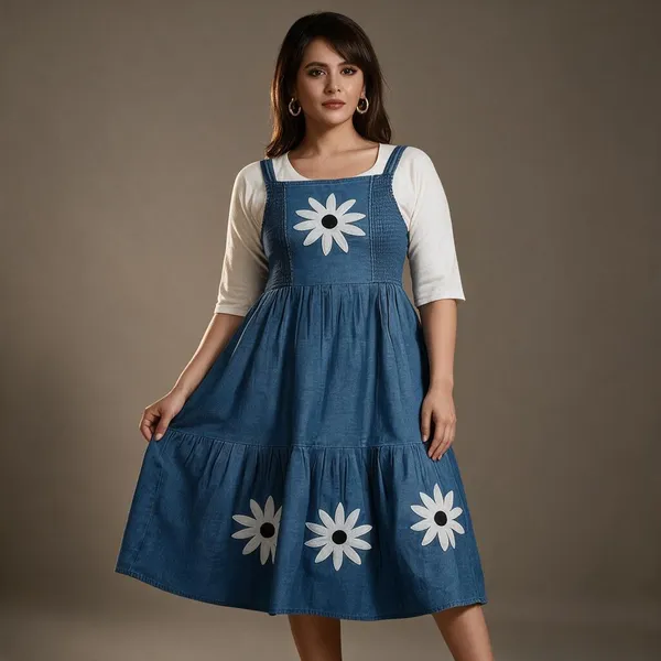 Blue_Denim_Floral_Print_Layered_Midi_Dress_For_Women