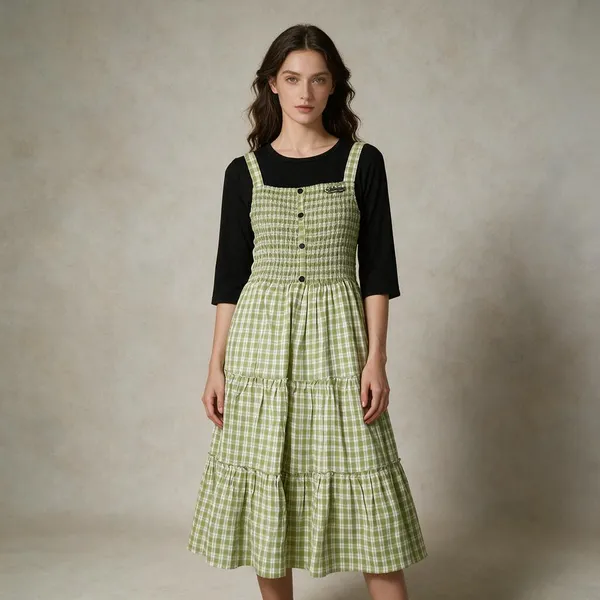 Green_Cotton_Checkered_Layered_Dress_For_Women